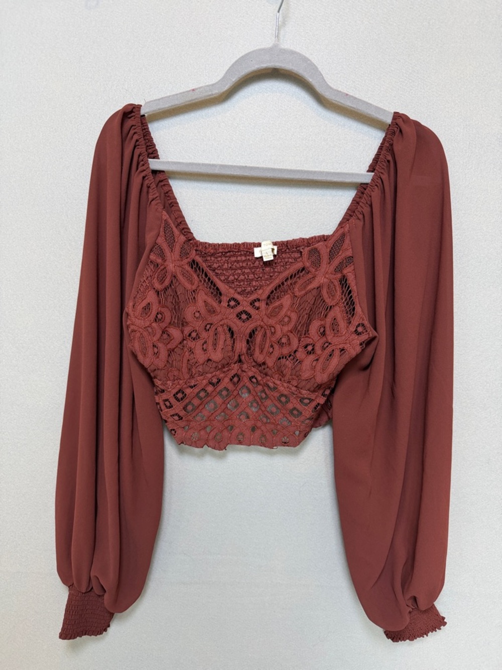 Flying Tomato Brick Red Crochet Long-Sleeve Crop Top